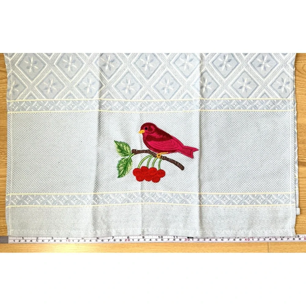 Embroidered Bird Cherry Guest Towels Set 3 Made Portugal Cotton